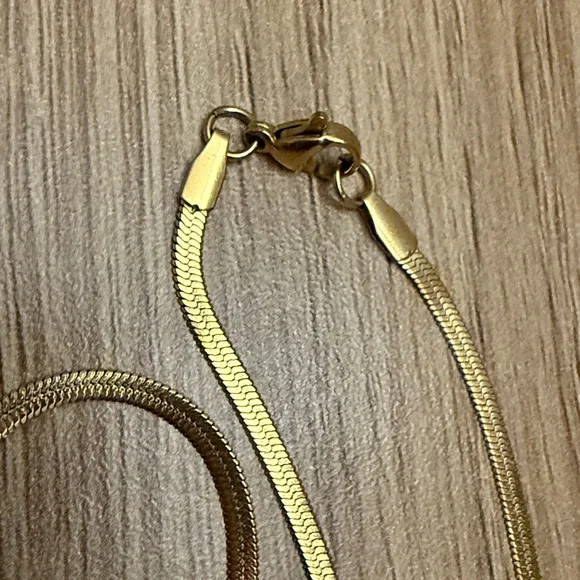 Elegant Herringbone Necklace, Yellow Gold Plated Stainless Steel for Women. 18” - Picture 5 of 6